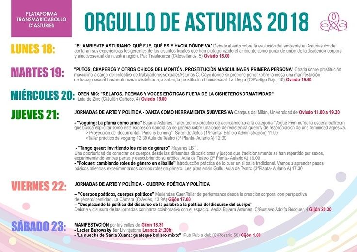 primer Orgullo de Asturias, del Lunes 18 al Sábado 30
