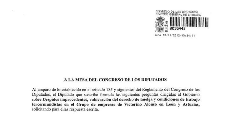 Llamazares pregunta al Gobierno por las condiciones de trabajo del Grupo Victorino Alonso